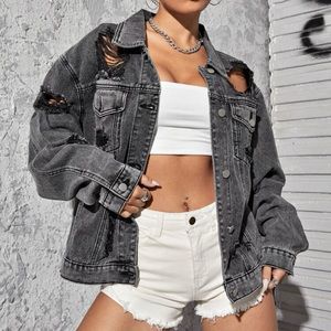 Gray wash distressed denim jacket